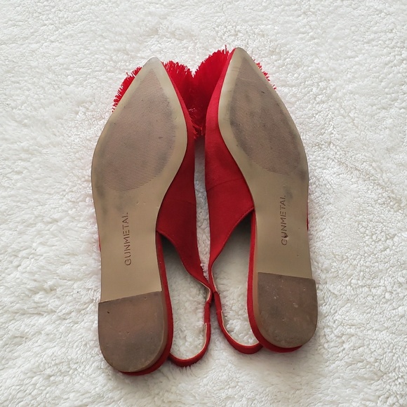 Red Suede Sling Back Pom Pom Flats - Picture 5 of 5